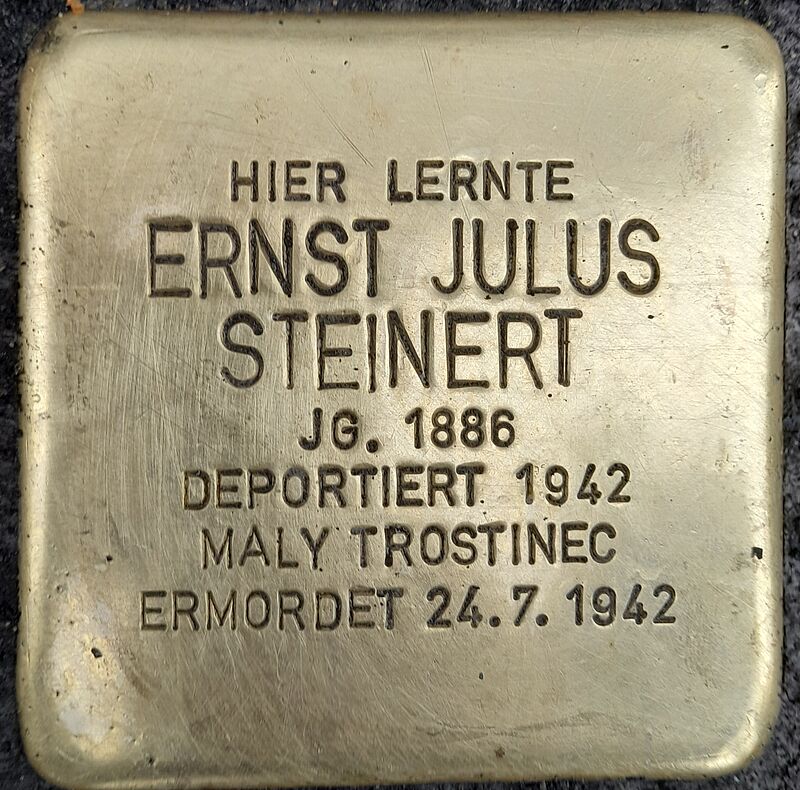 Ernst Steinert wurde am 8.11.1886 geboren. Nach dem Besuch der Kreuzgasse wurde Ernst Kaufmann, er blieb ledig und wohnte 1928 nachweislich auf dem Kaiser-Wilhelm-Ring 38. Am 20.Juli 1942 wurde er mit 1163 weiteren jüdischen Deutschen aus Köln und der Umgebung in das Vernichtungslager Maly Trostenez deportiert und dort sofort nach der Ankunft ermordet, wahrscheinlich erschossen.